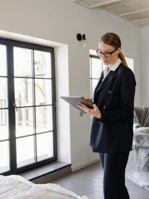 Real estate agent in a black blazer using a tablet inside a furnished home.